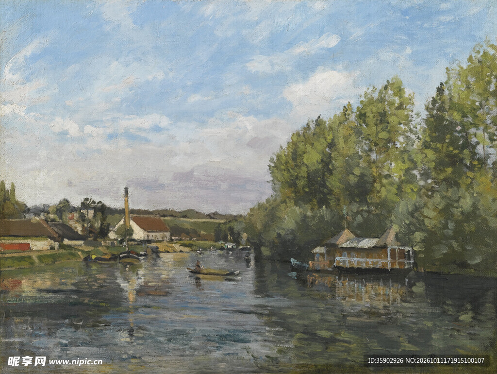 河畔乡村风景油画