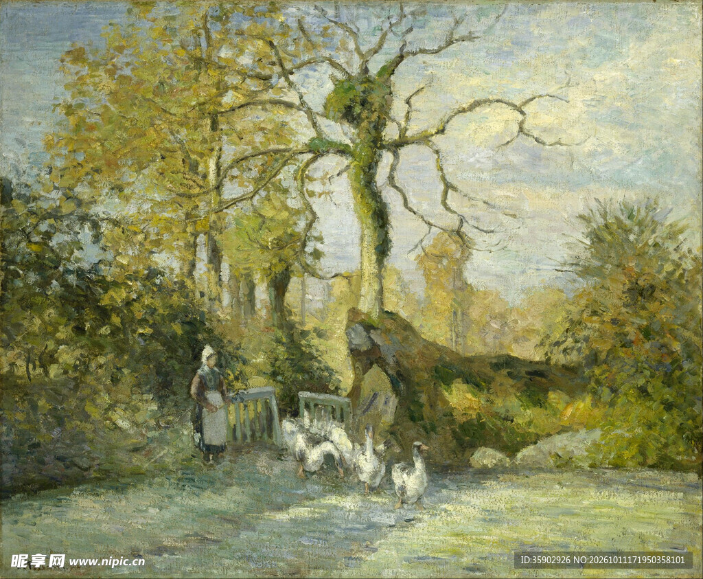 秋日田园牧鹅风景油画