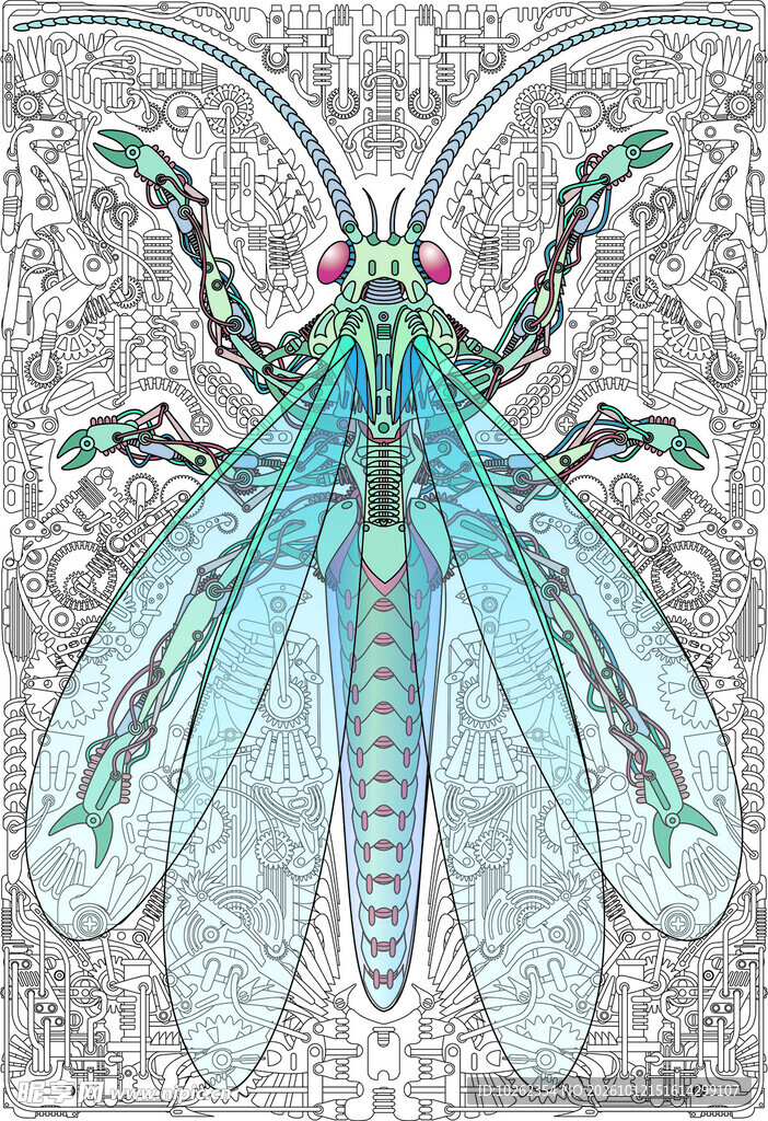 奇幻蓝绿昆虫插画