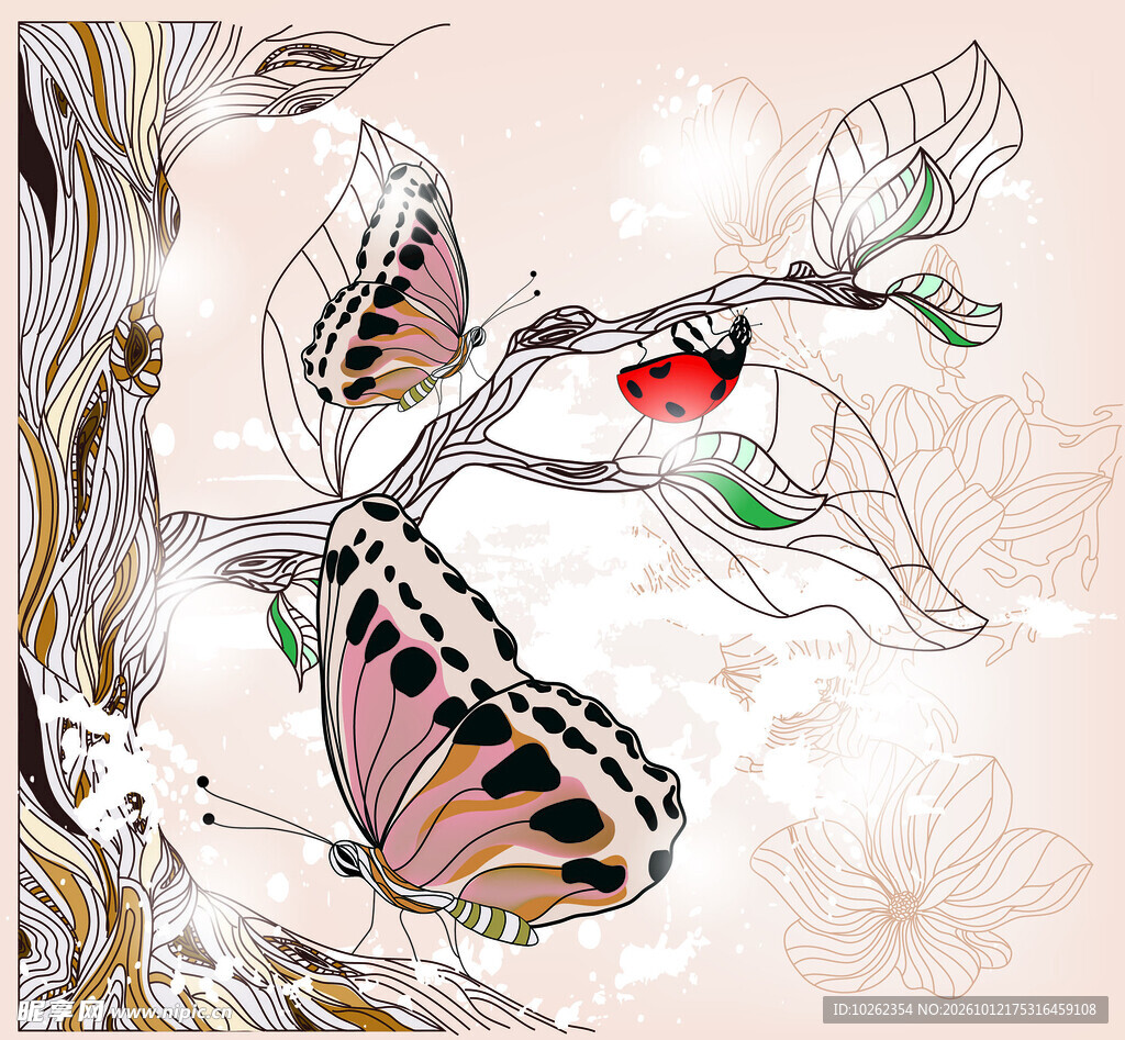 手绘蝴蝶与瓢虫插画
