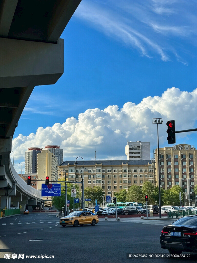 城市晴天路口街景