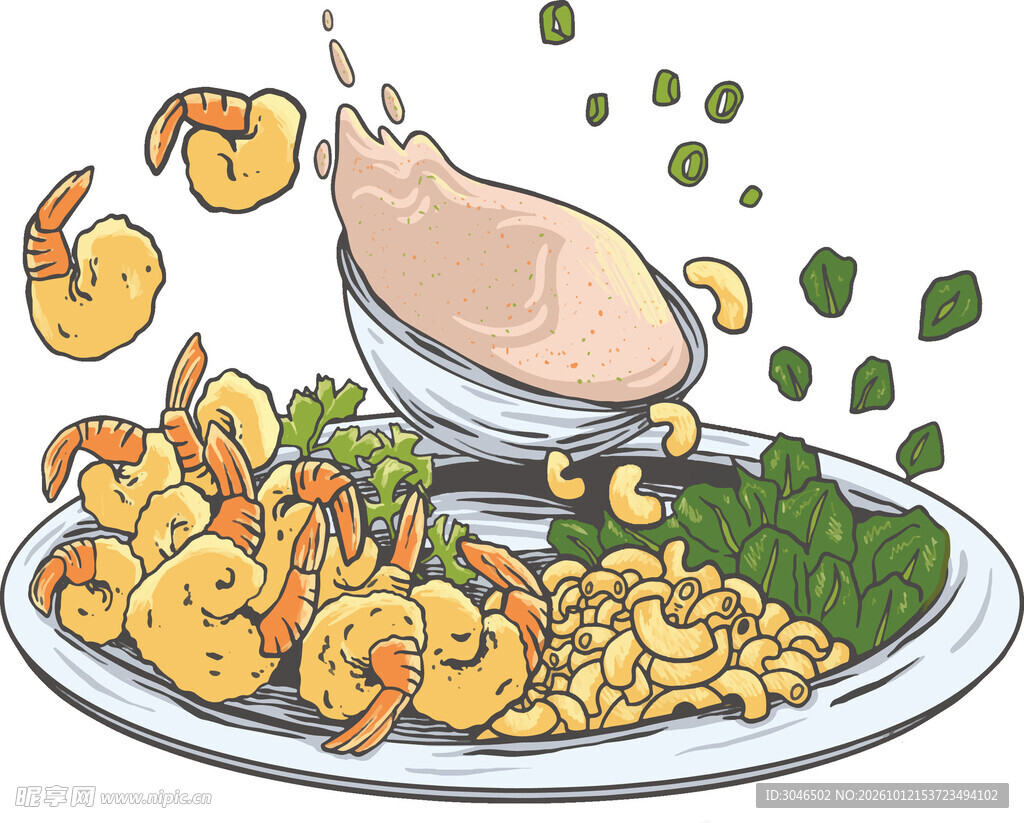 虾仁通心粉美食插画