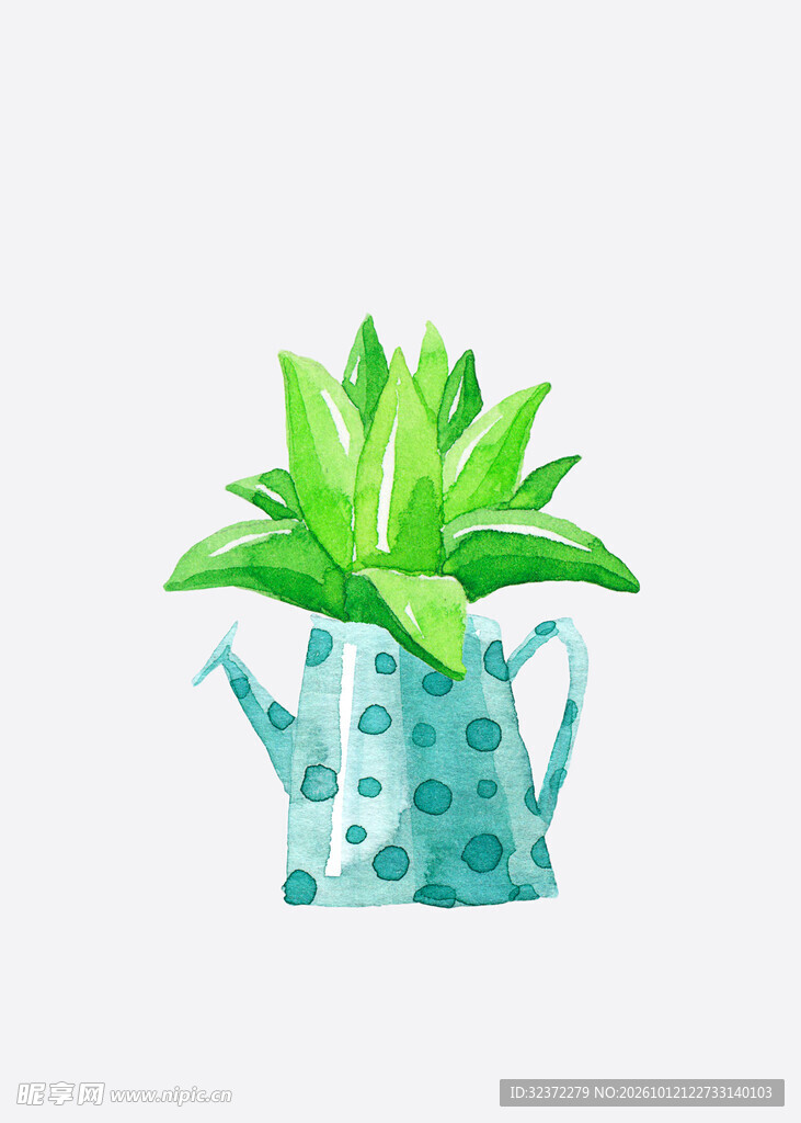 水彩洒水壶绿植盆栽