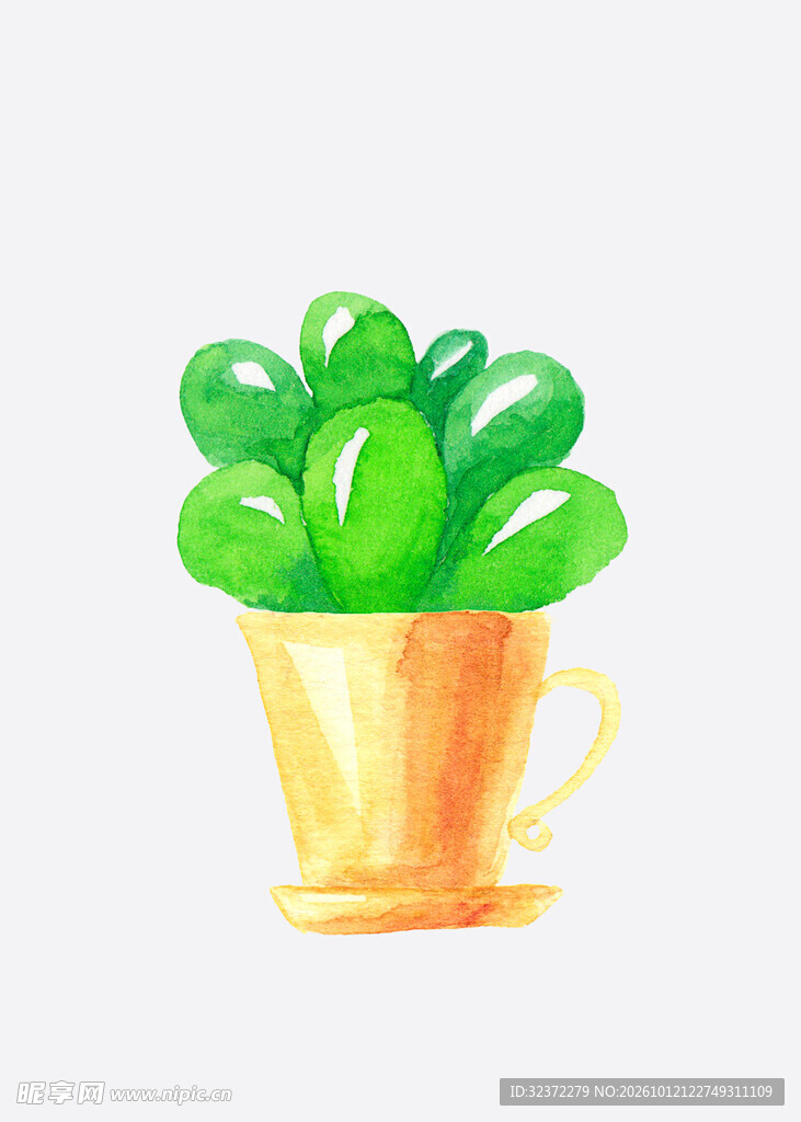 水彩手绘杯装绿植盆栽