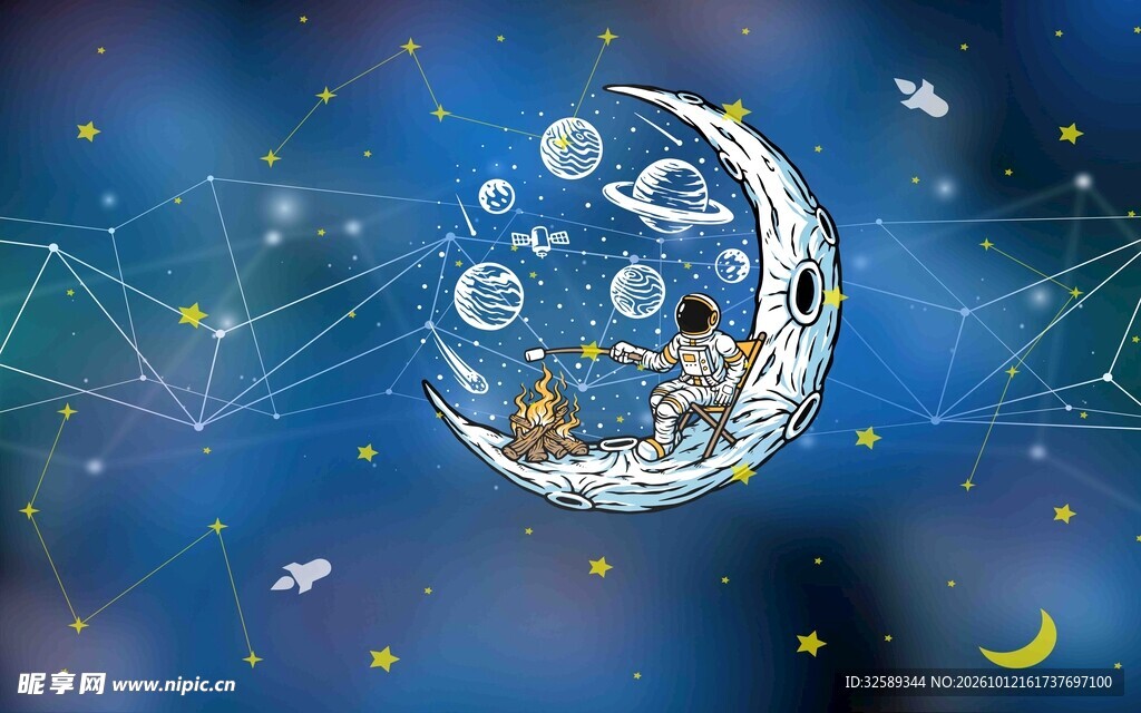 月牙上的太空漫游插画