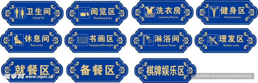 蓝底金边功能区标识牌合集