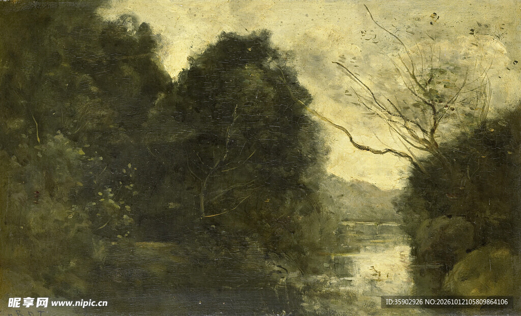 复古河畔黄昏风景油画