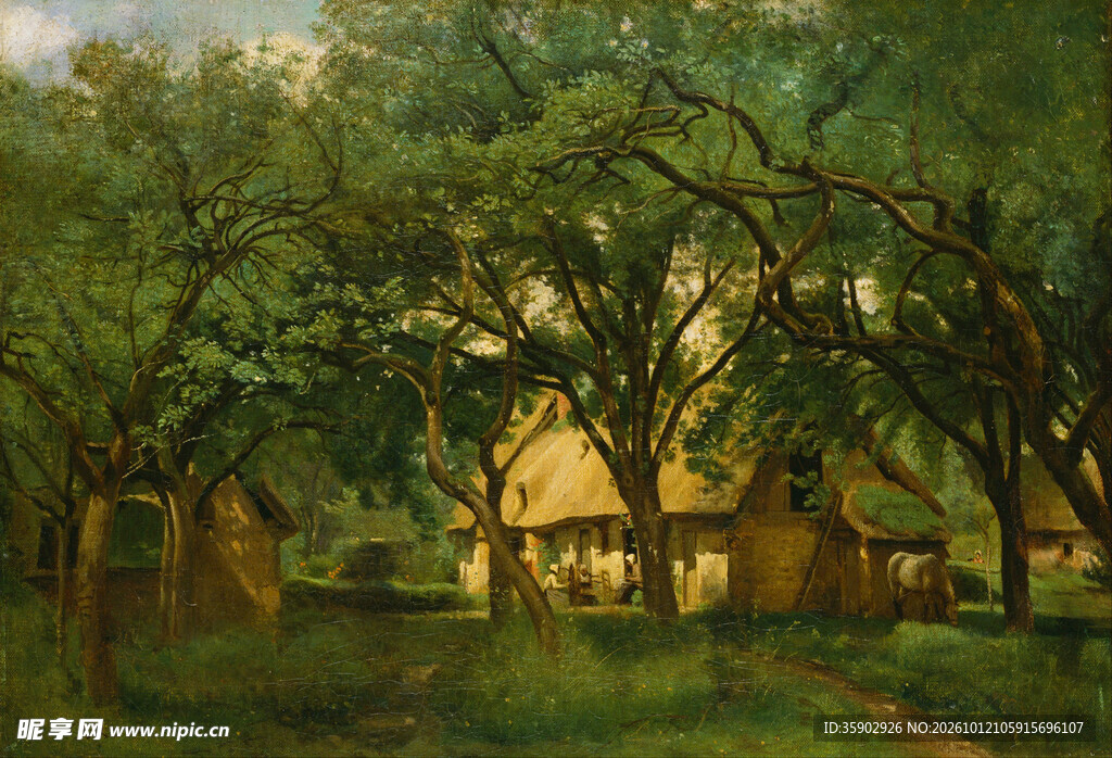 林间小屋风景油画