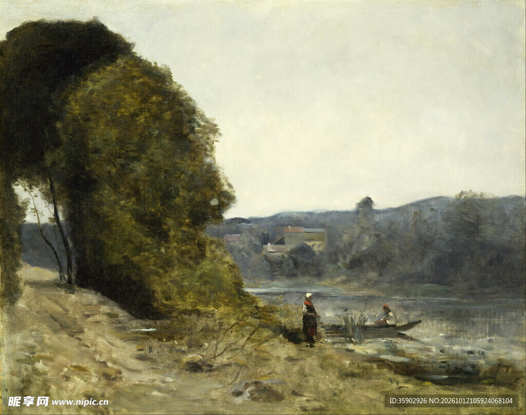 河畔郊野风景油画
