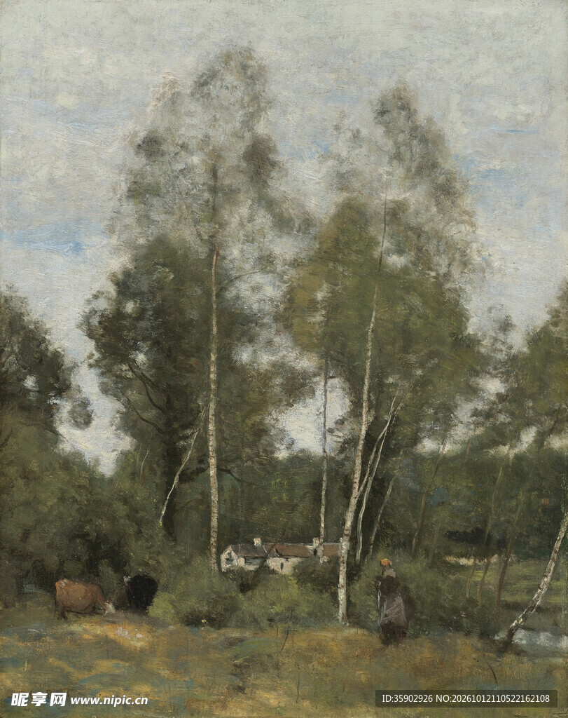 郊野树林风景油画