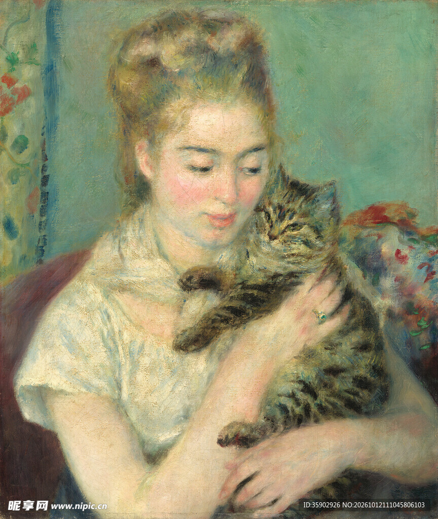 少女抱猫油画