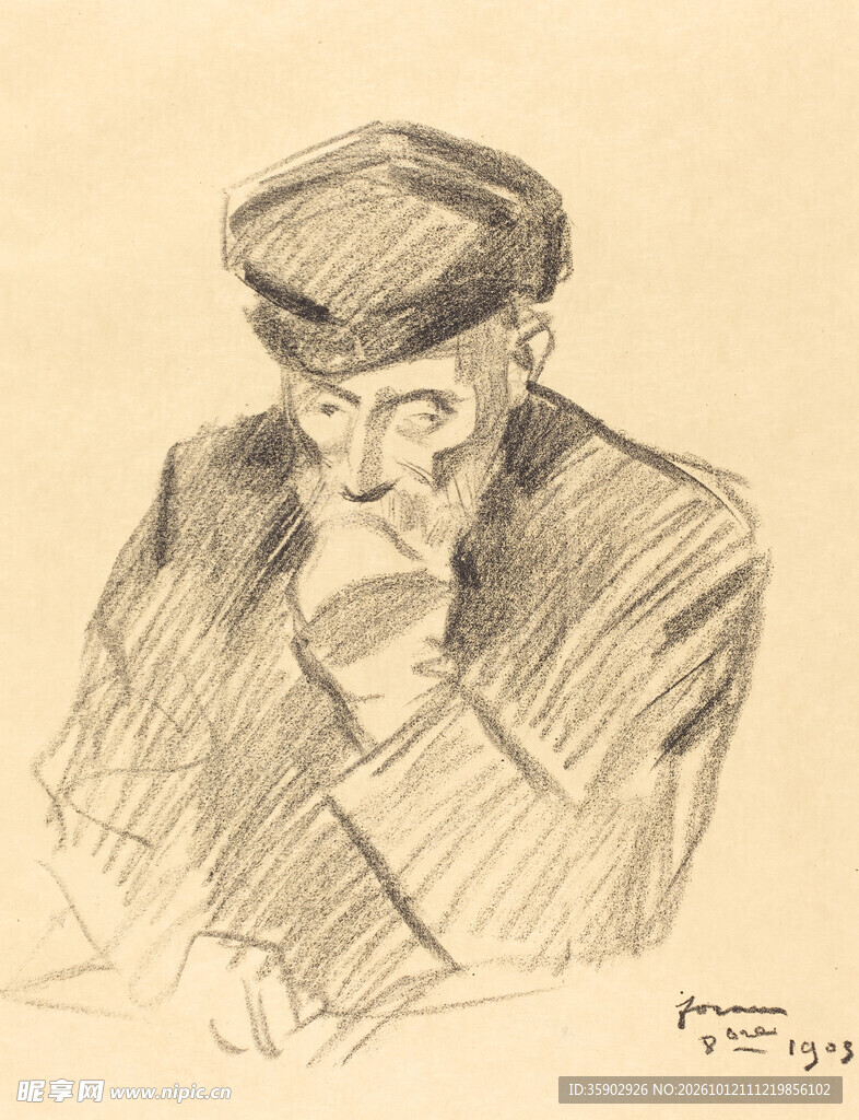 戴帽老人素描肖像