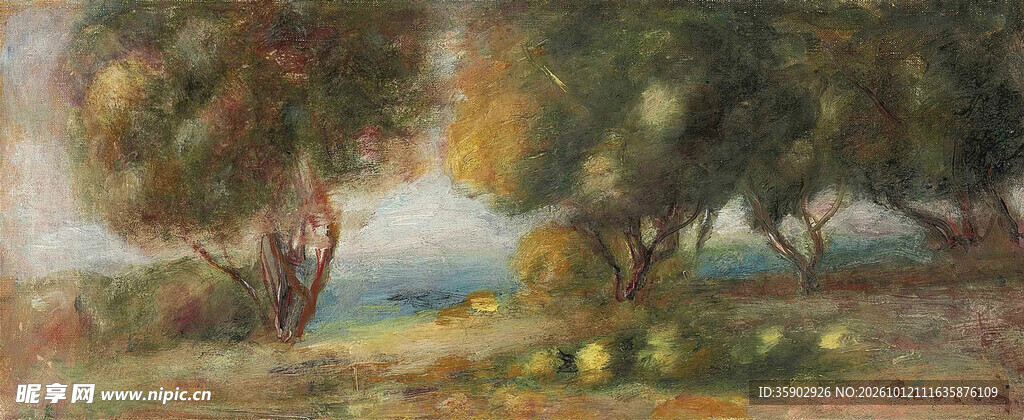 朦胧树林风景油画