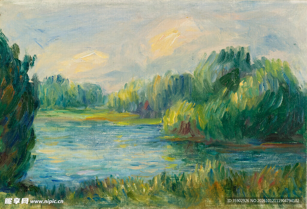 河畔林间风景油画