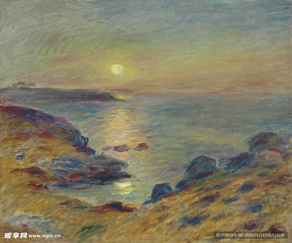 海岸日落风景油画
