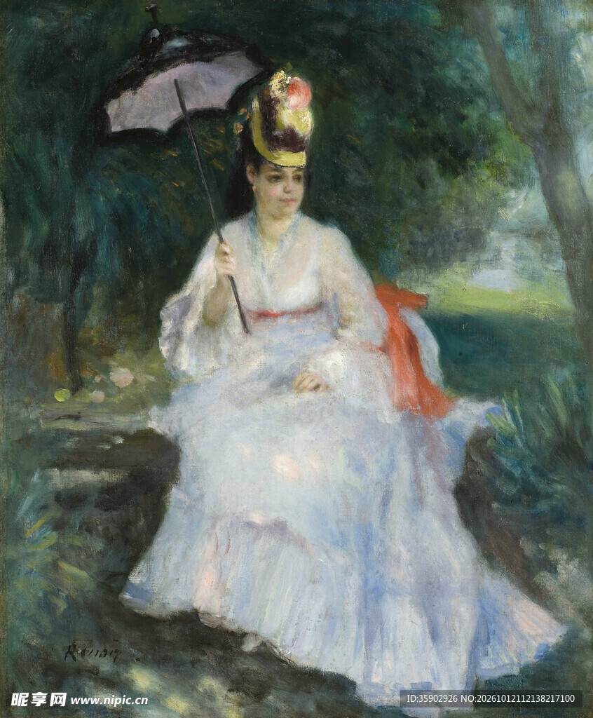 林间撑伞白衣女子油画