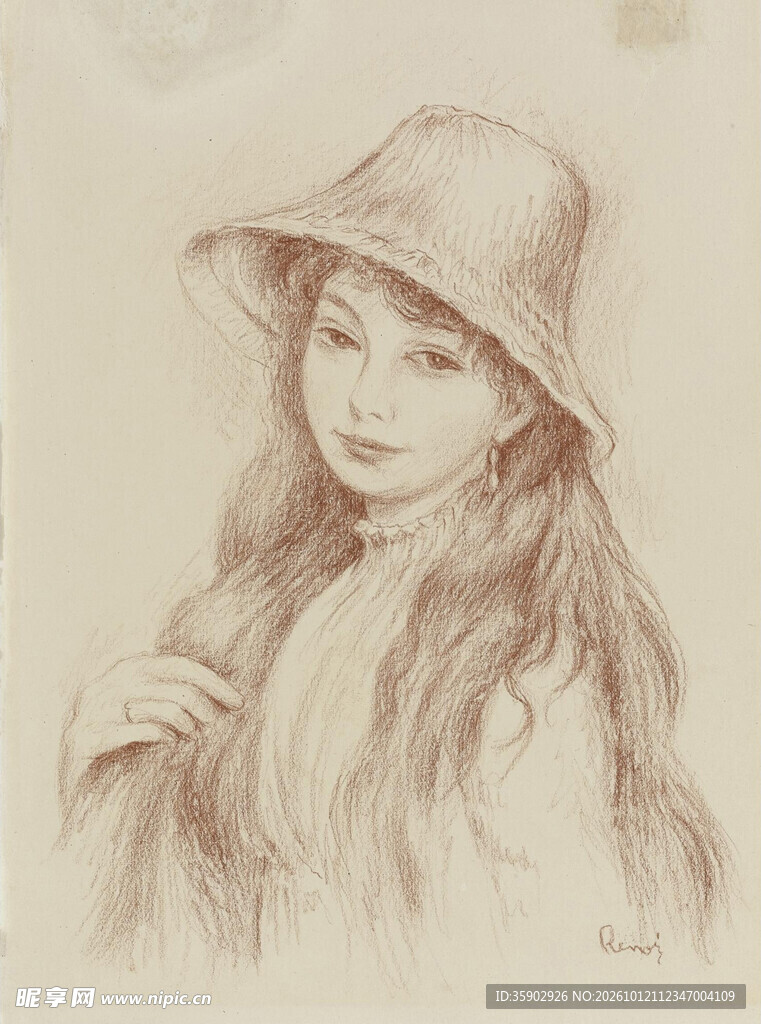 戴帽少女素描肖像