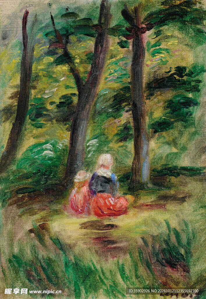 林间休憩女子油画