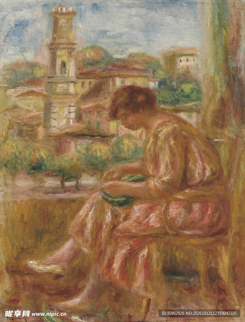 闲坐女子风景油画