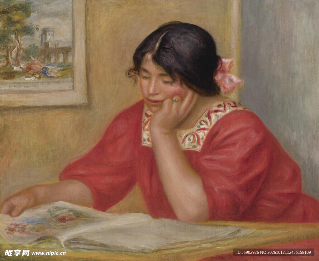 红衣少女阅读油画