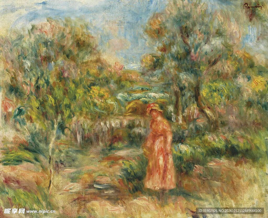 林间红衣女子风景油画