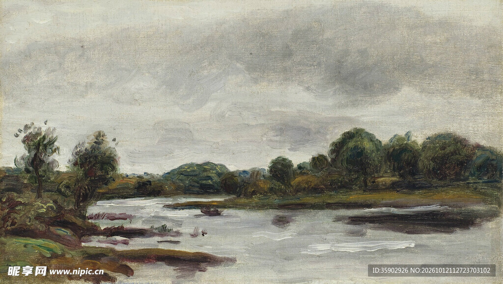 河畔阴天风景水彩画