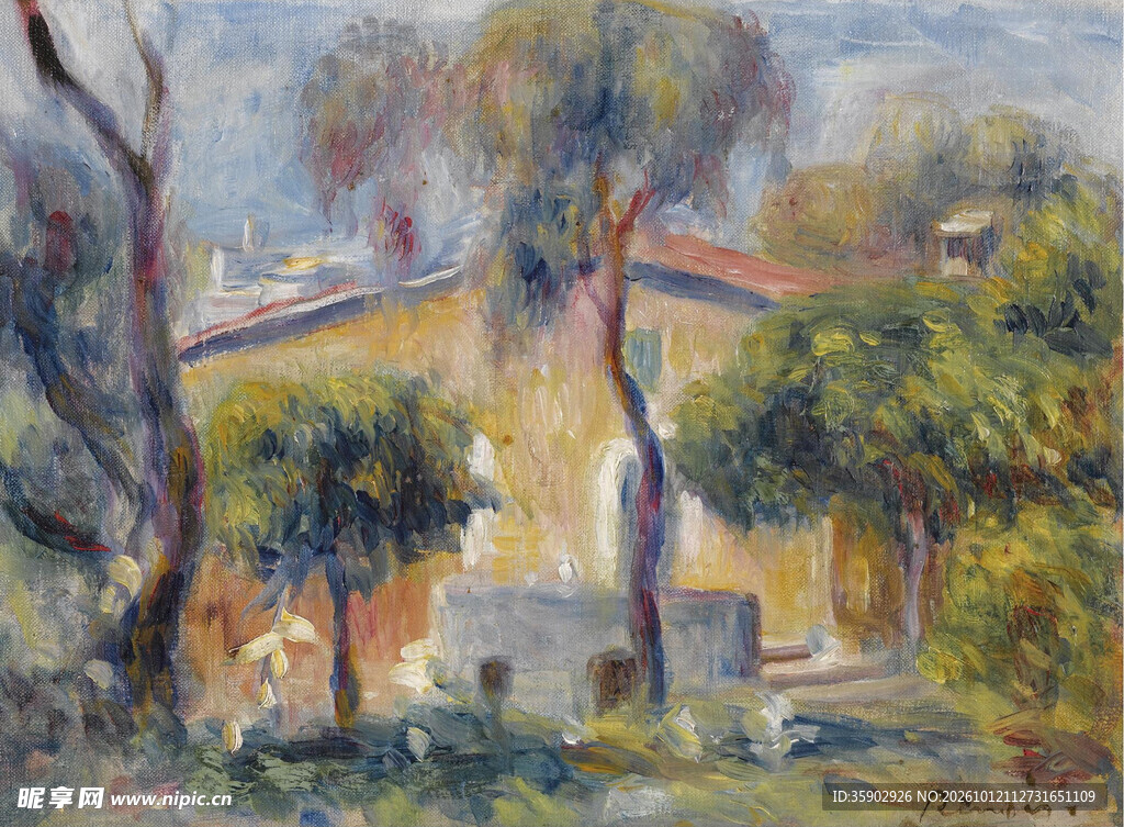 林间住宅风景油画