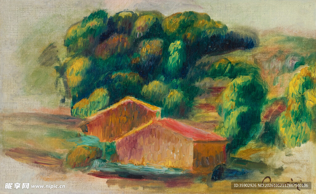 林间小屋风景水彩画