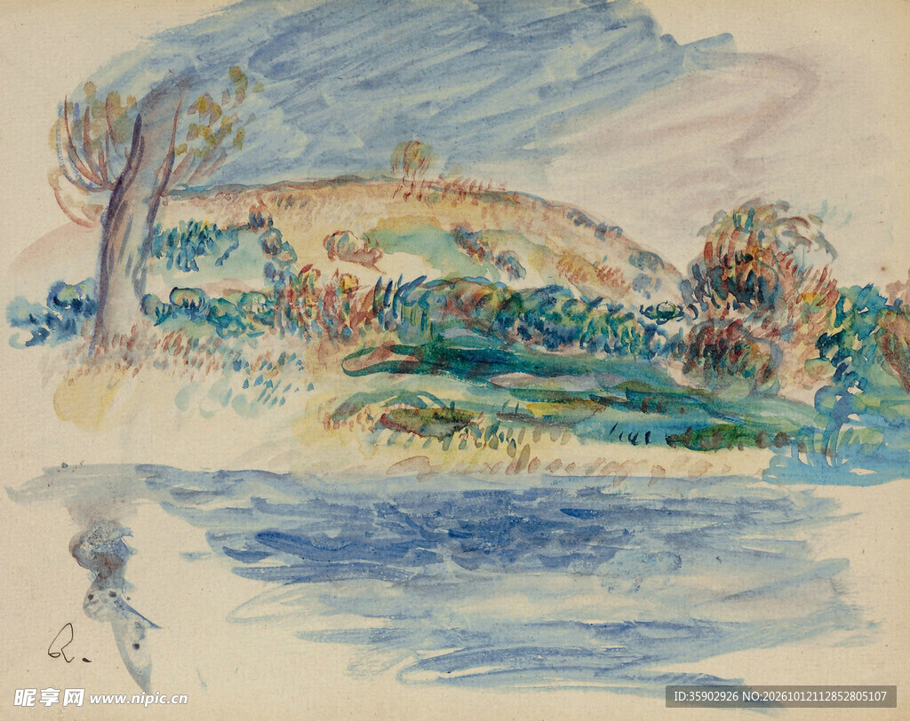 水彩湖畔乡村风景