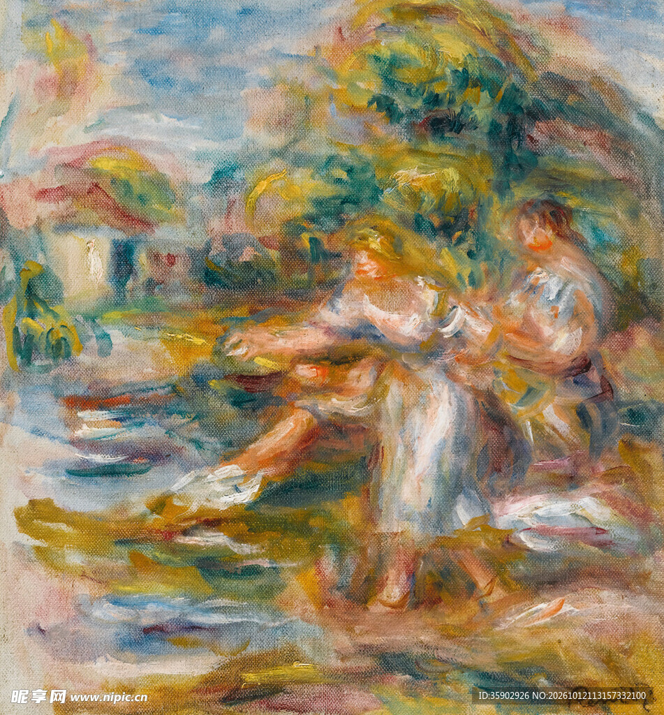 印象派河畔人物油画