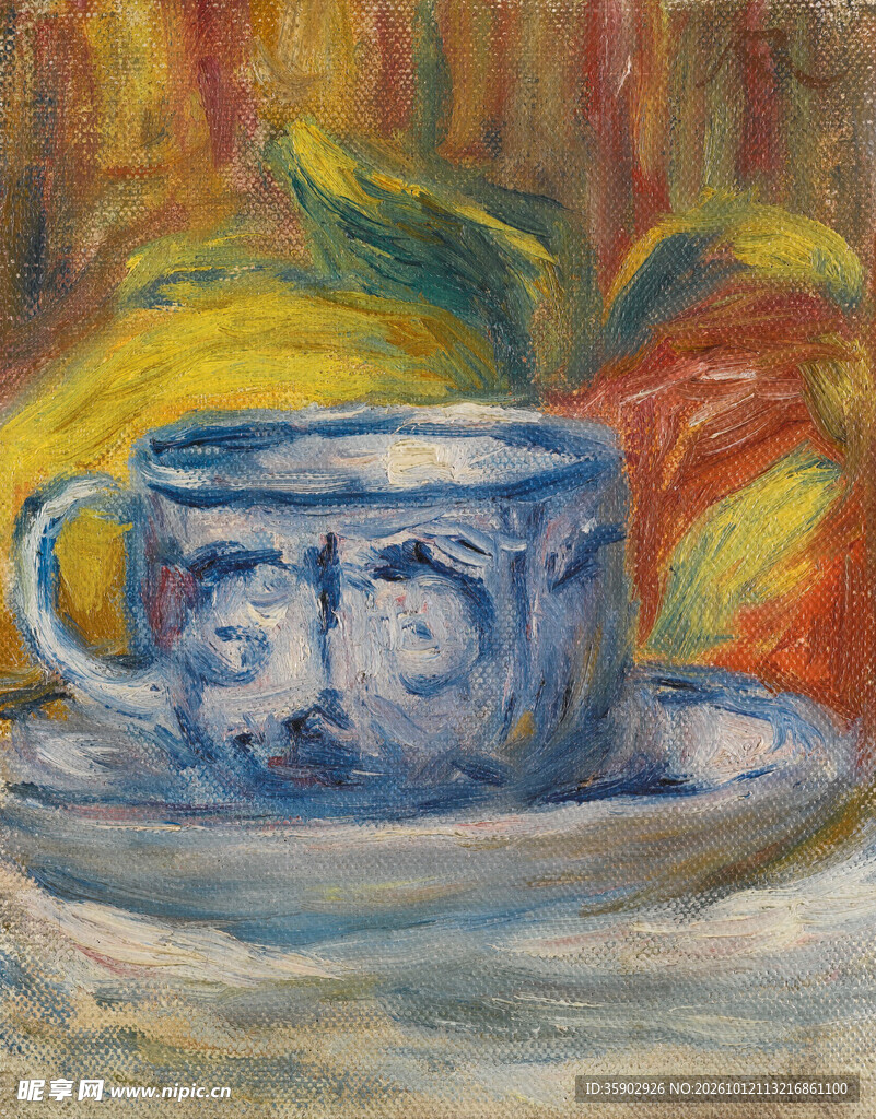 蓝瓷杯静物油画
