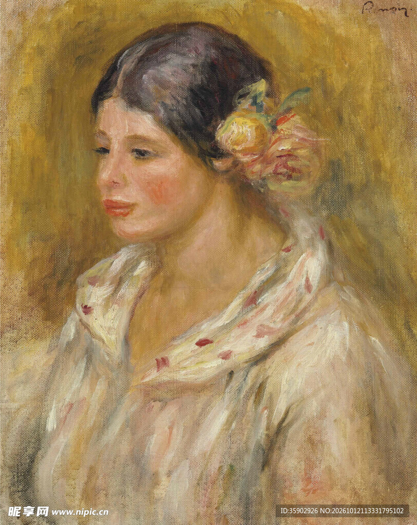 戴花少女肖像油画