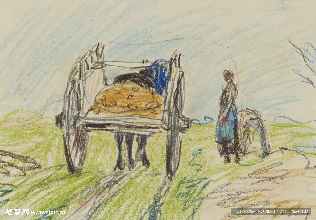 乡野马车劳作风景绘画