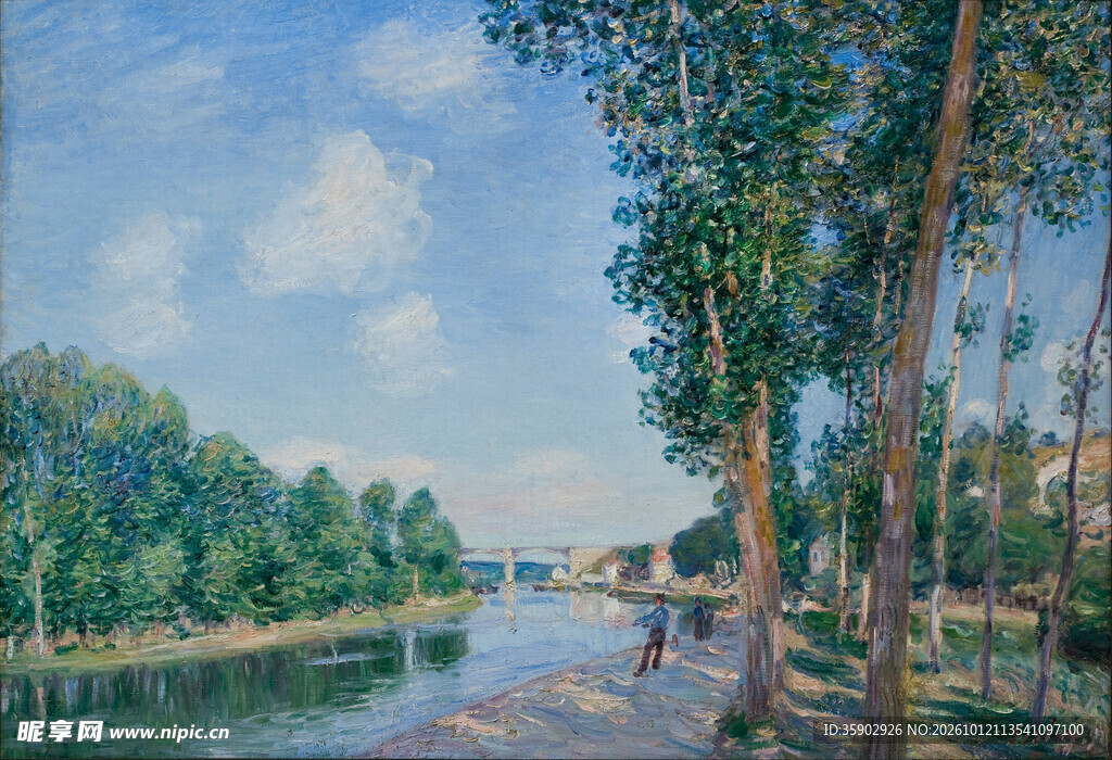 河畔林荫风景油画