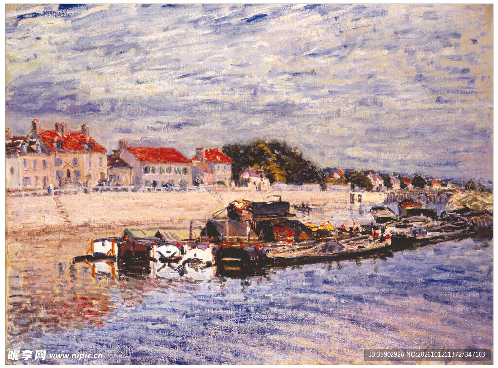河畔小镇风景油画