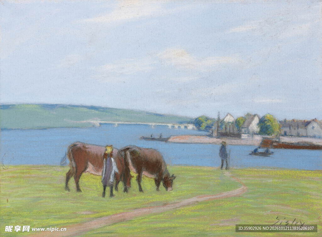 河畔牧马风景油画