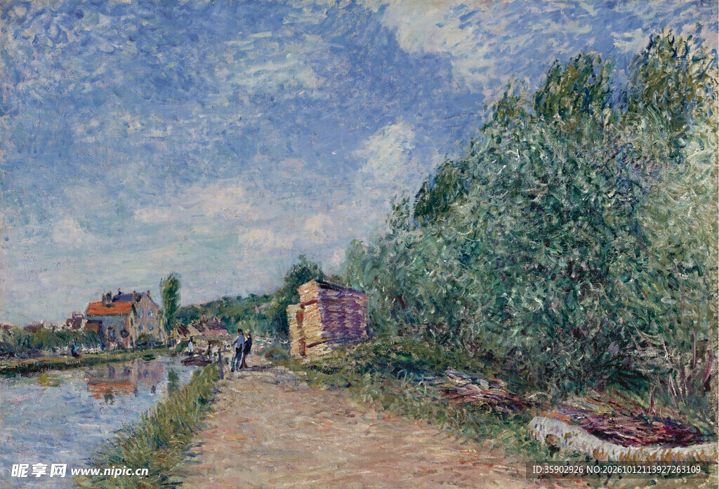 河畔郊野风景油画