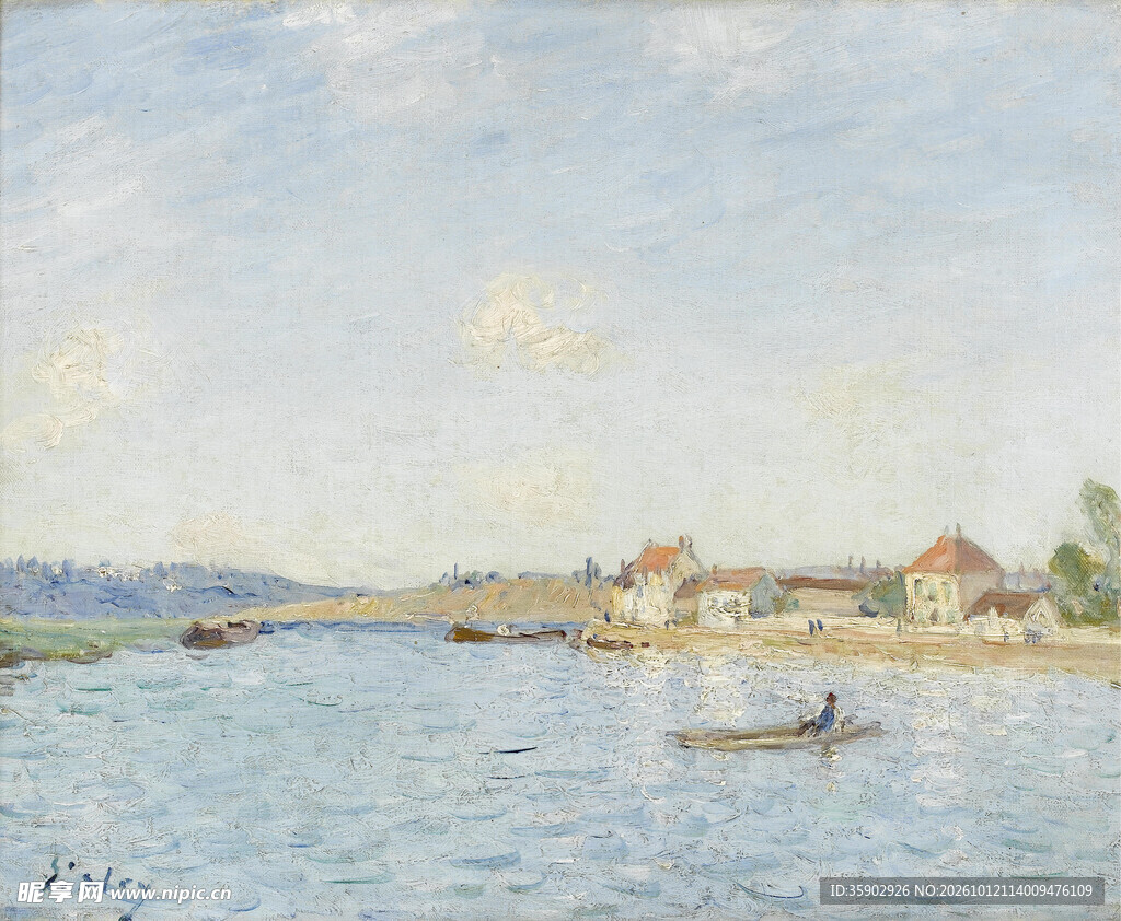 河畔村居风景油画
