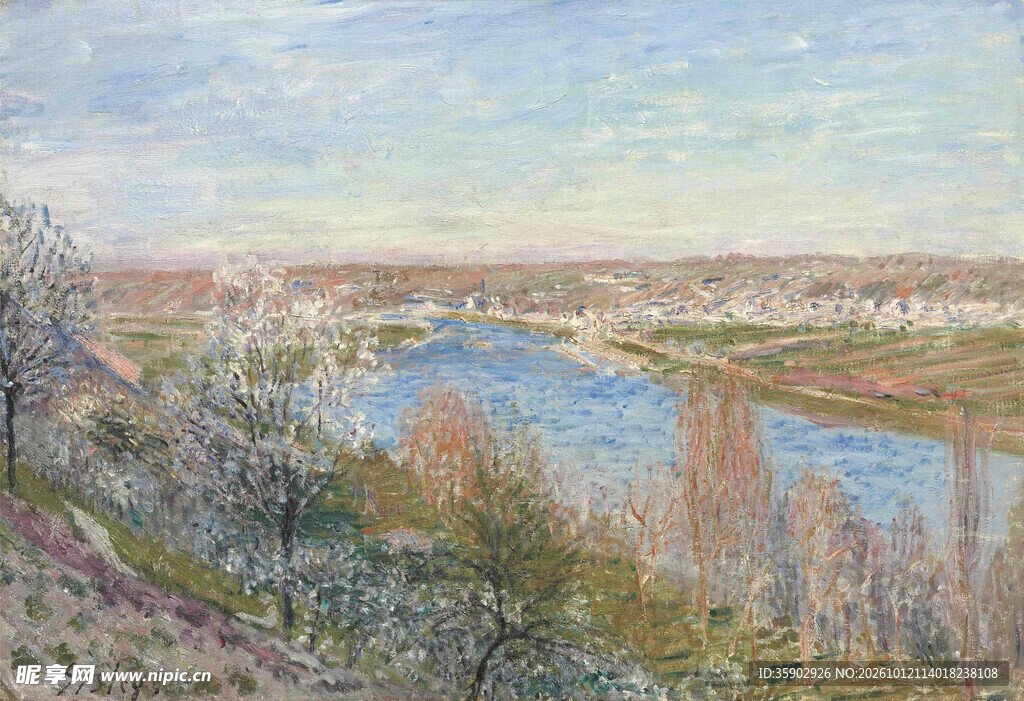 郊野河畔风景油画