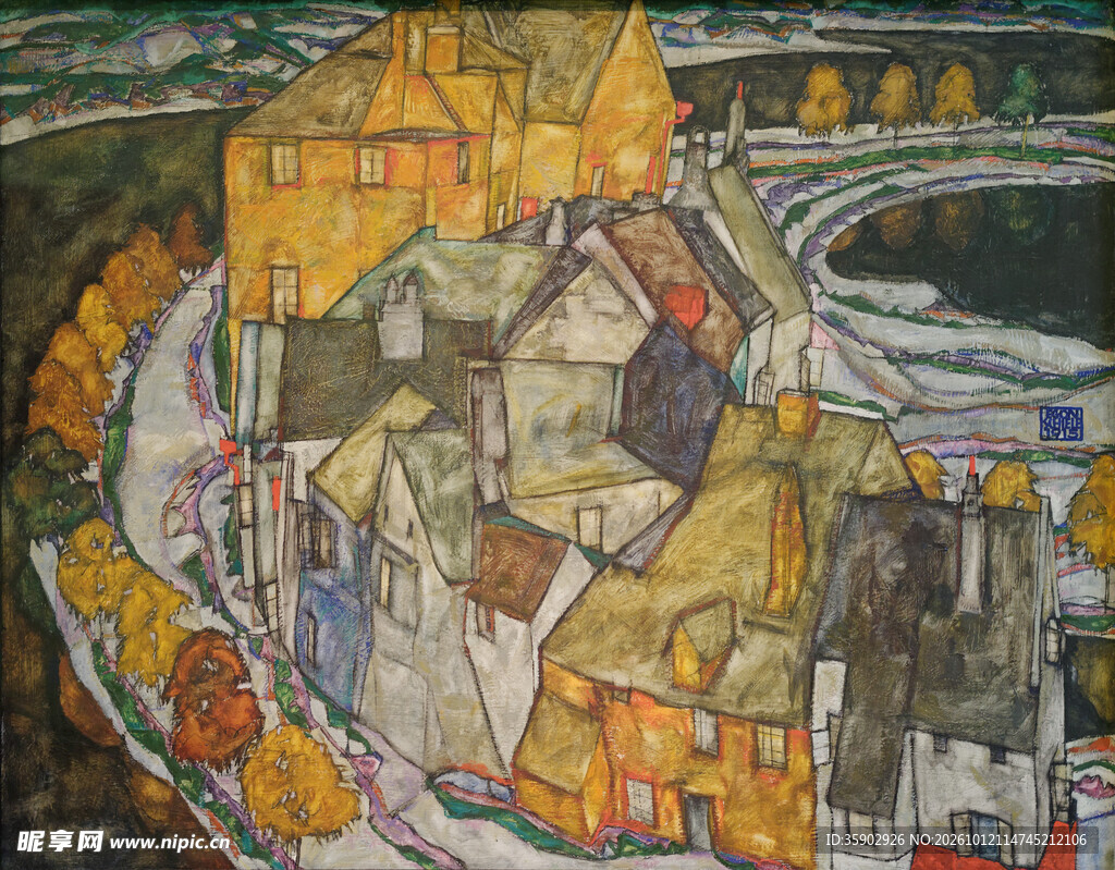 抽象村镇建筑风景油画