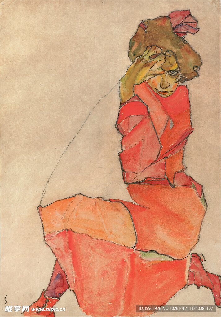 红衣女子写意水彩画