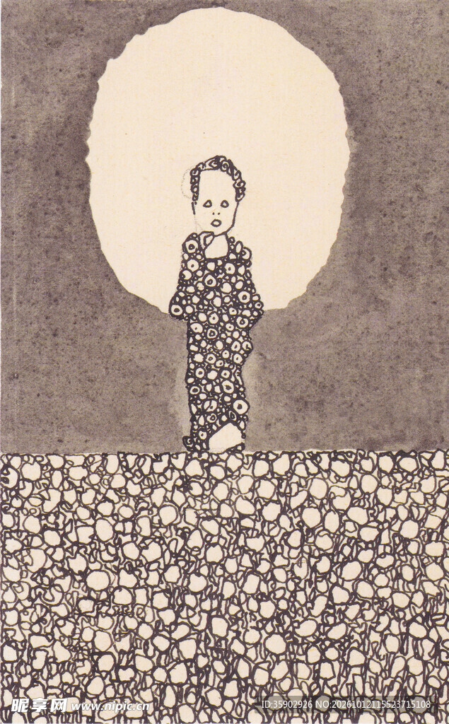 月夜孩童复古插画