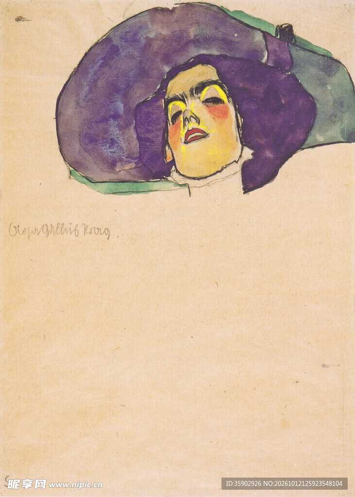 复古戴帽女性水彩头像