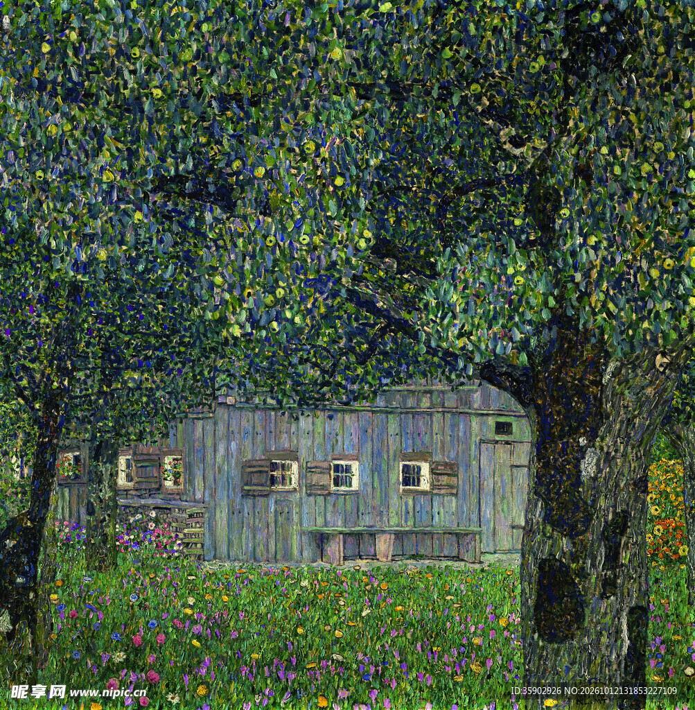 林间乡村小屋油画
