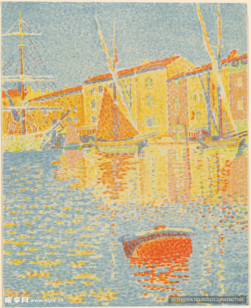 滨水建筑点彩风景油画
