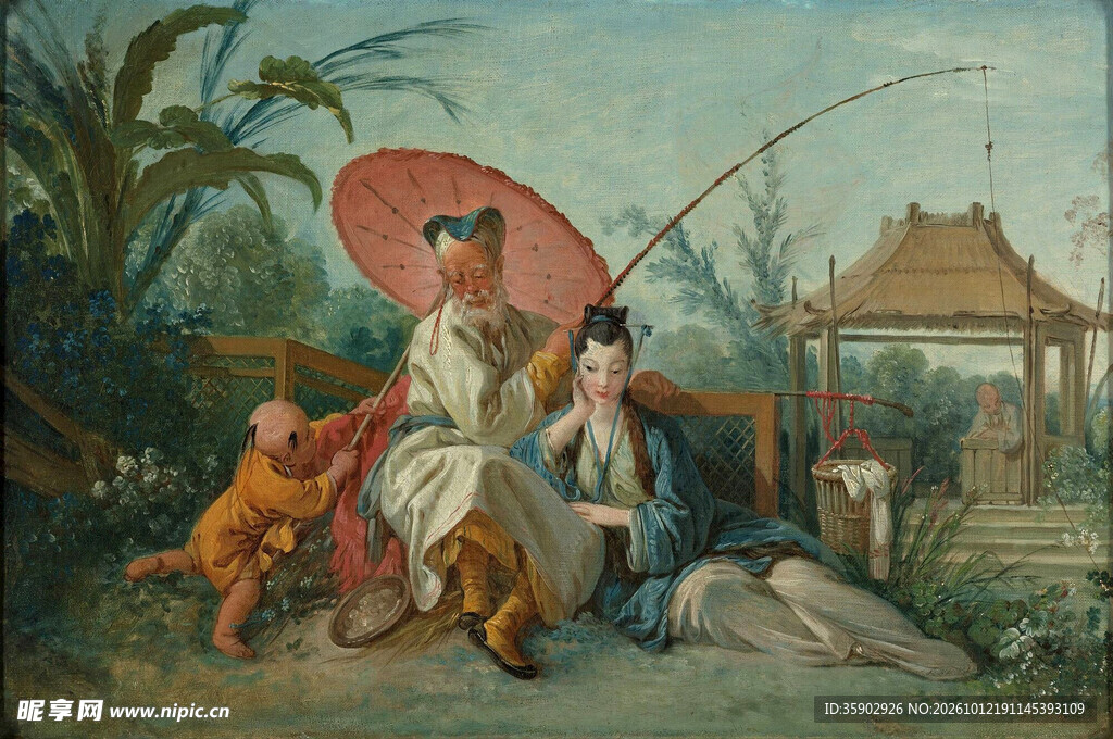 中式古典垂钓人物油画