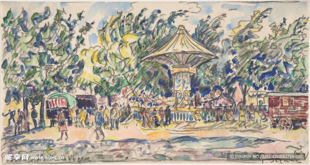 林间凉亭点彩风景油画