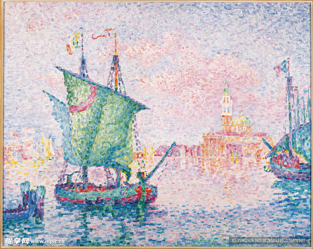 点彩派帆船海景油画