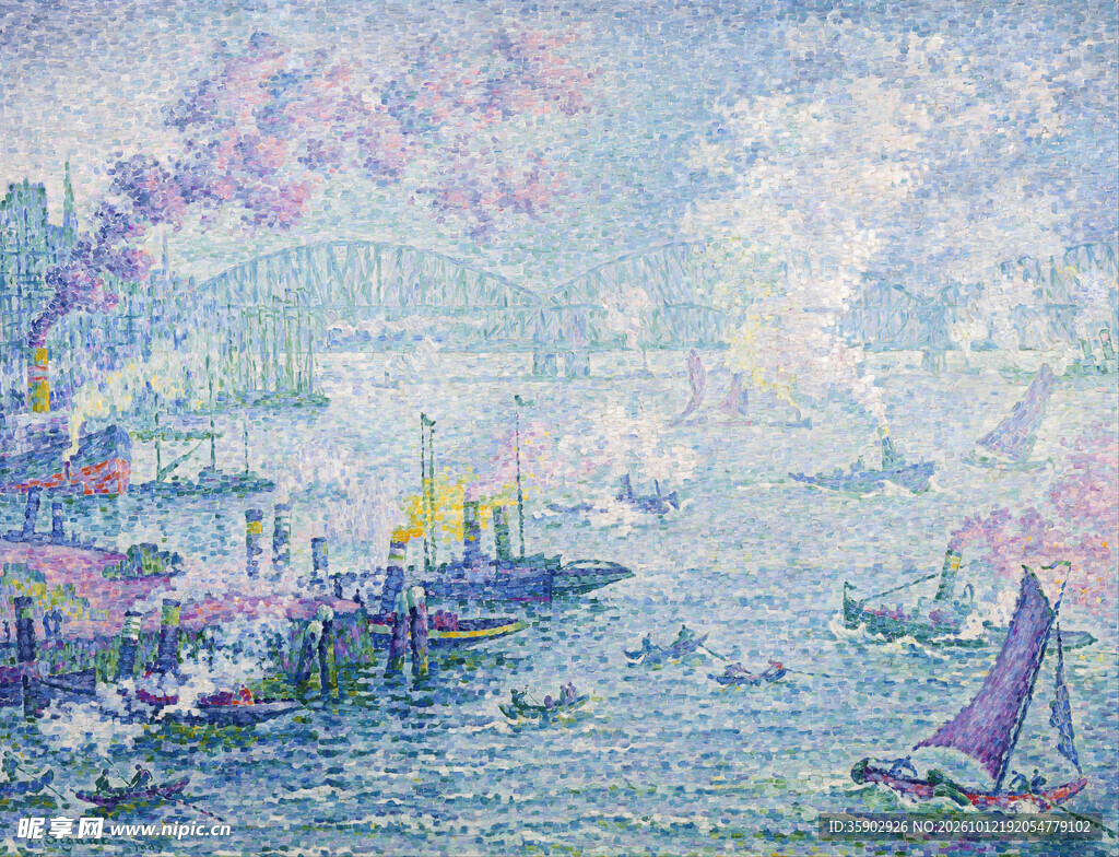点彩派海港风景油画