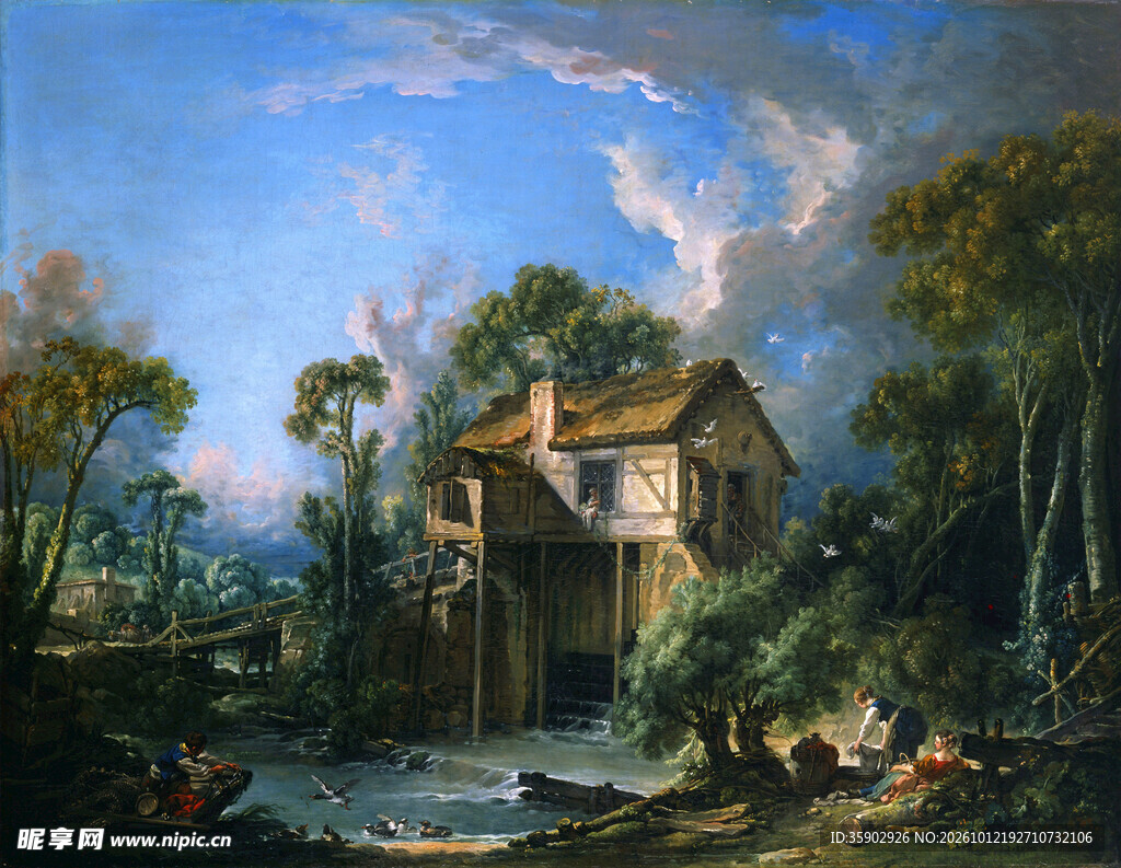 乡野林间小屋风景油画